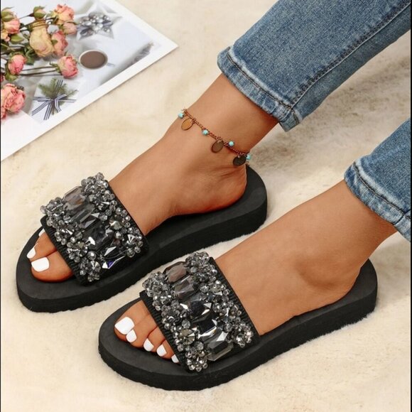 Rhinestone Size 8.5 EU 39 Decor Single Strap Slides, Black Fashionable Sandal - Picture 3 of 5